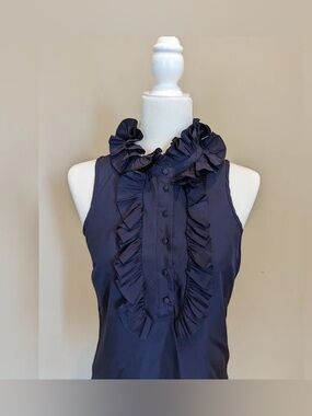 J. Crew Navy Silk Ruffle V-Neck Sleeveless Top